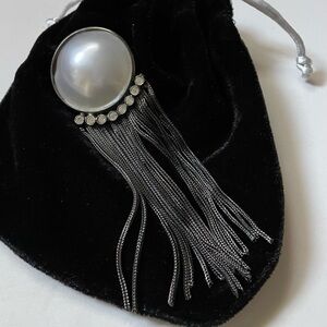 KRIZIA Italy Very Large 5” Gunmetal & Pearl Fringe Brooch Vintage Signed